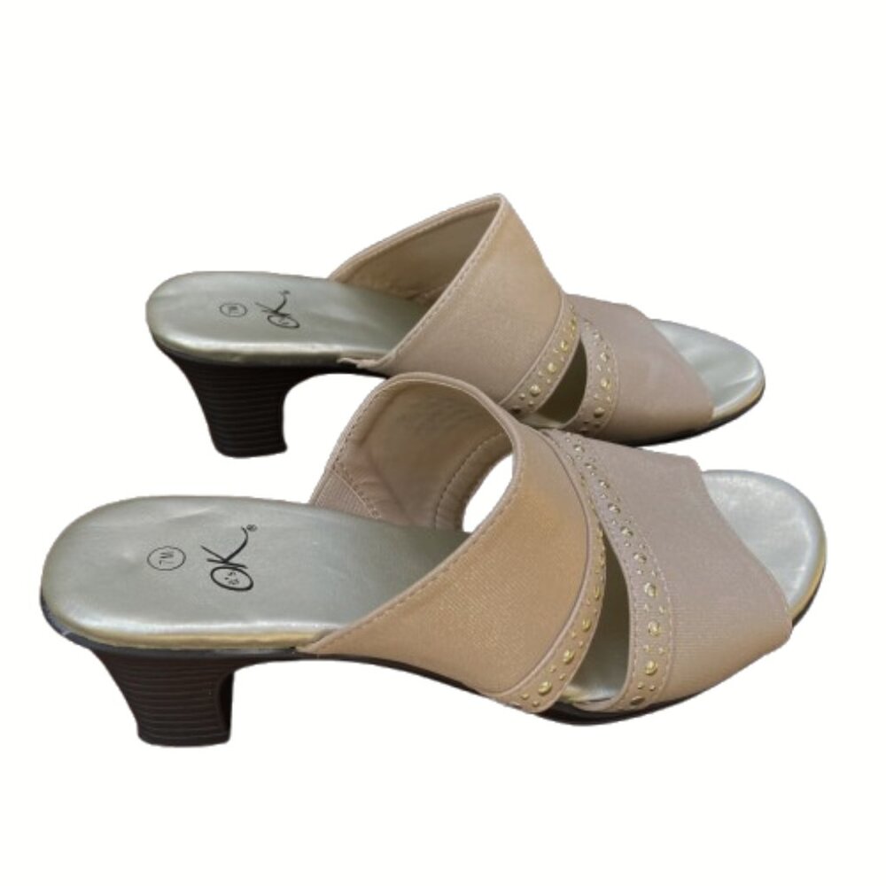 It's Ok Slip-on Sandals Taupe Fabric with Metal Size 7 Block Kitten Heel, NEW!